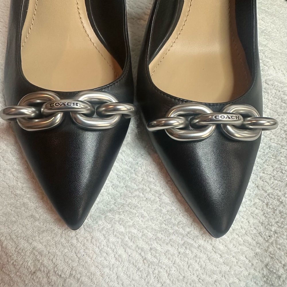NWOT Coach Black sling back Heels with Silver Chain Accent - Picture 6 of 13